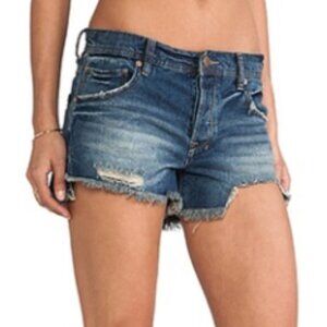 Free People low rise distressed flared a-line cut denim short shorts size 25